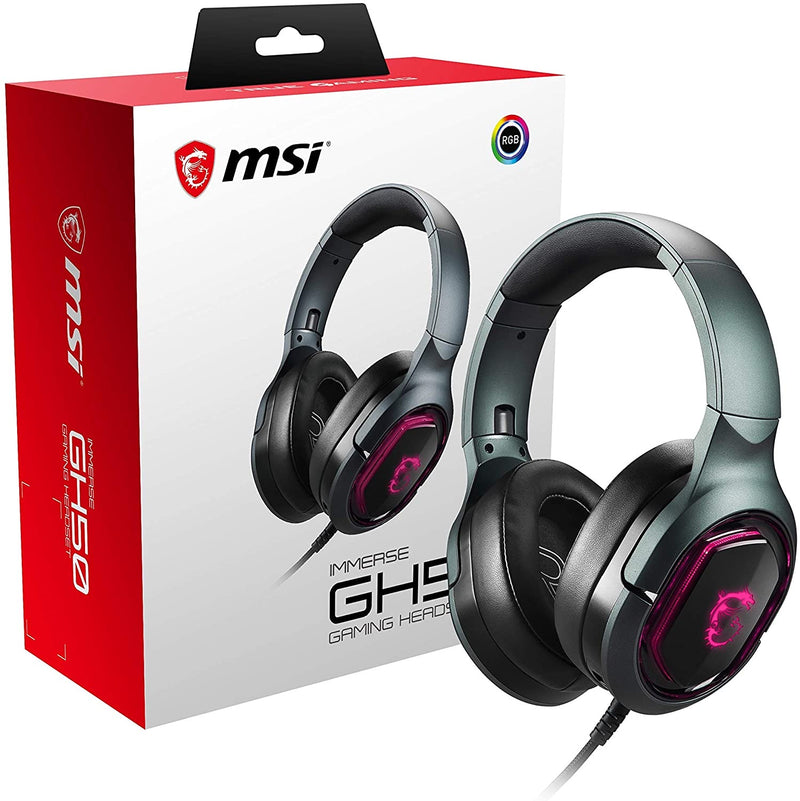 MSI Immerse GH50 7.1 Surround Sound RGB Mystic Light Metal Construction Foldable Headband Design Gaming Headset, Large